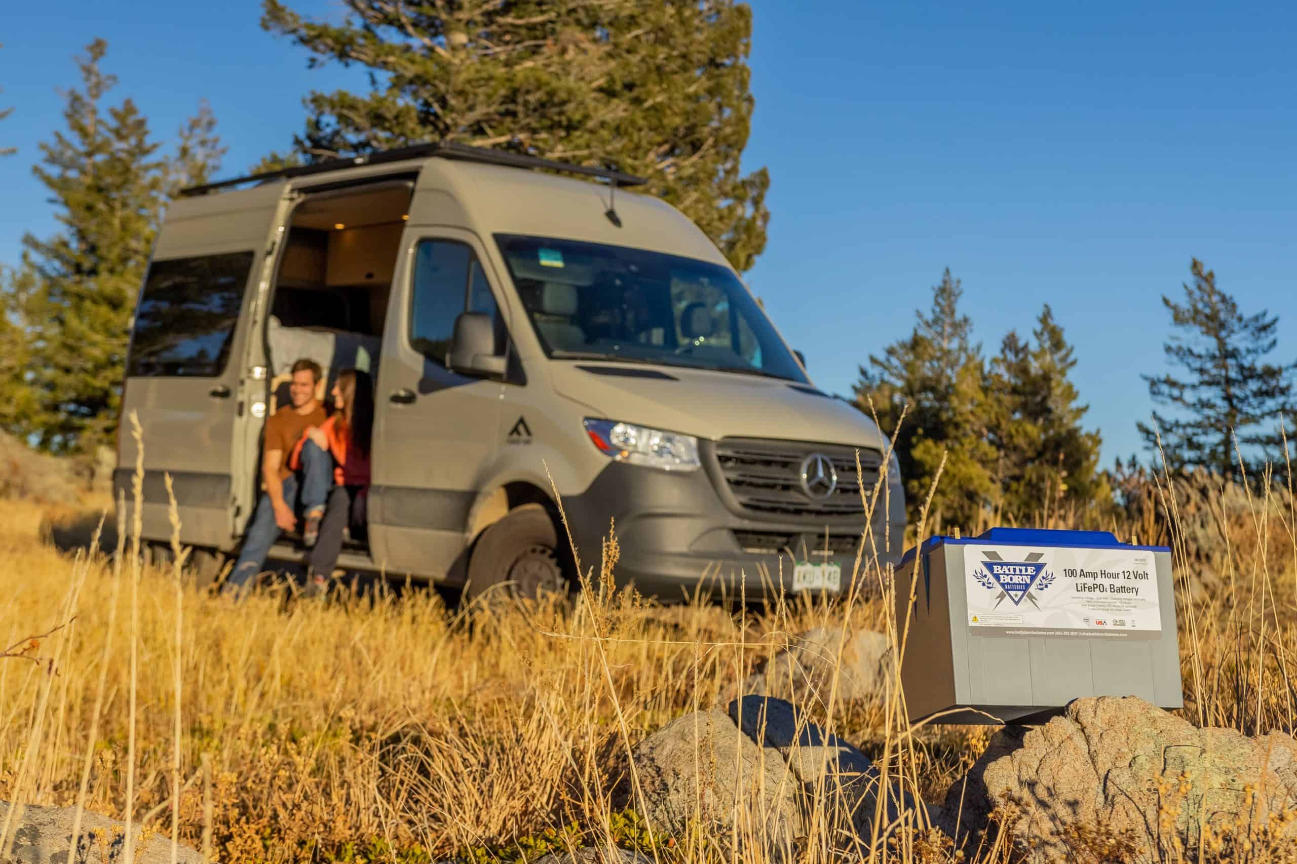 converted van with lithium ion battery power system in the outdoors