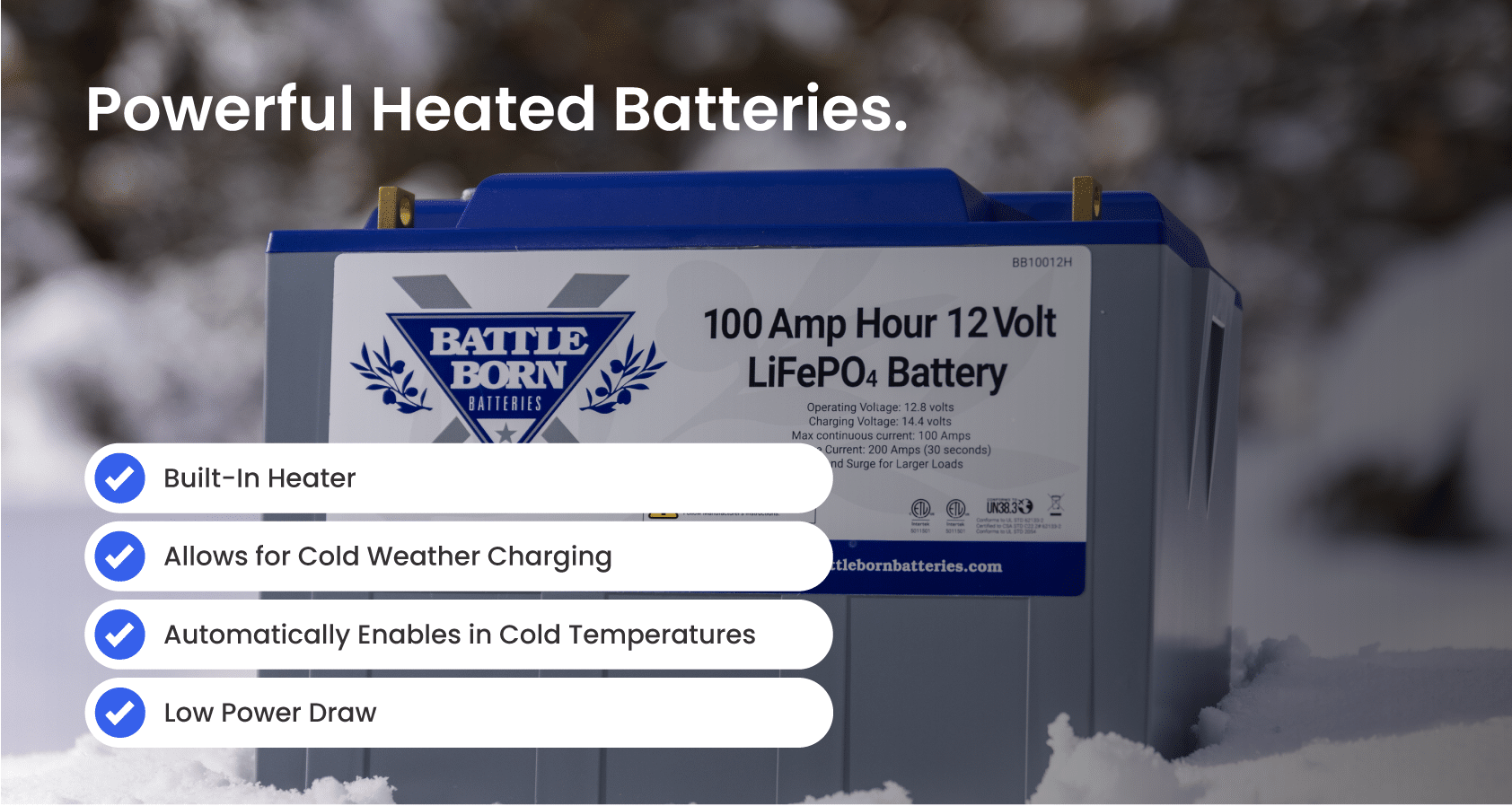 Features of the 100Ah 12V LiFePO4 Deep Cycle Heated Battery by Battle Born Batteries