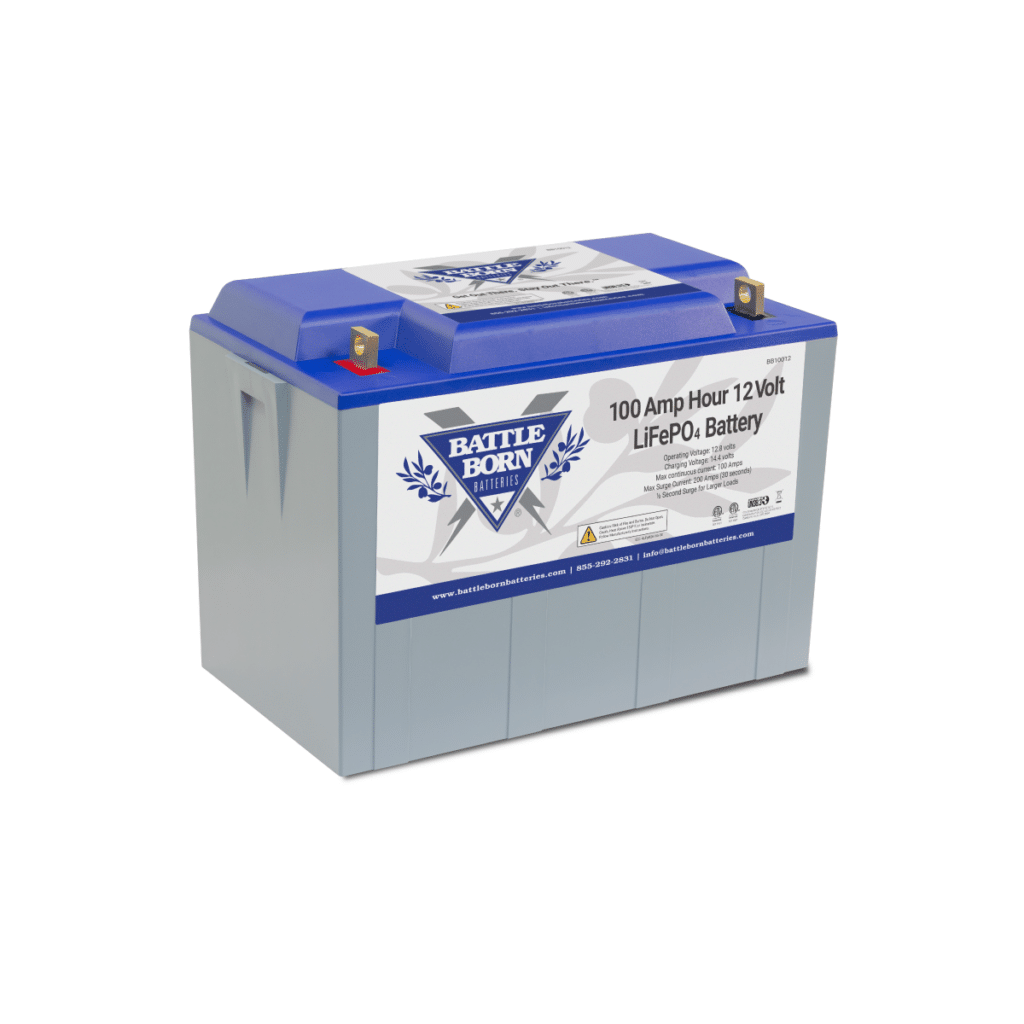 Standard product image of a 100 amp hour 12 volt LiFePO4 battery by Battle Born Batteries, showcasing the blue and grey design with company branding.