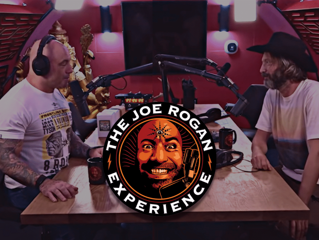 The Joe Rogan Experience Logo over Joe Rogan and Tom Green